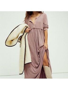 Free People Marissa Henley Boho Waffle Knit Maxi Dress in Dusty Mauve